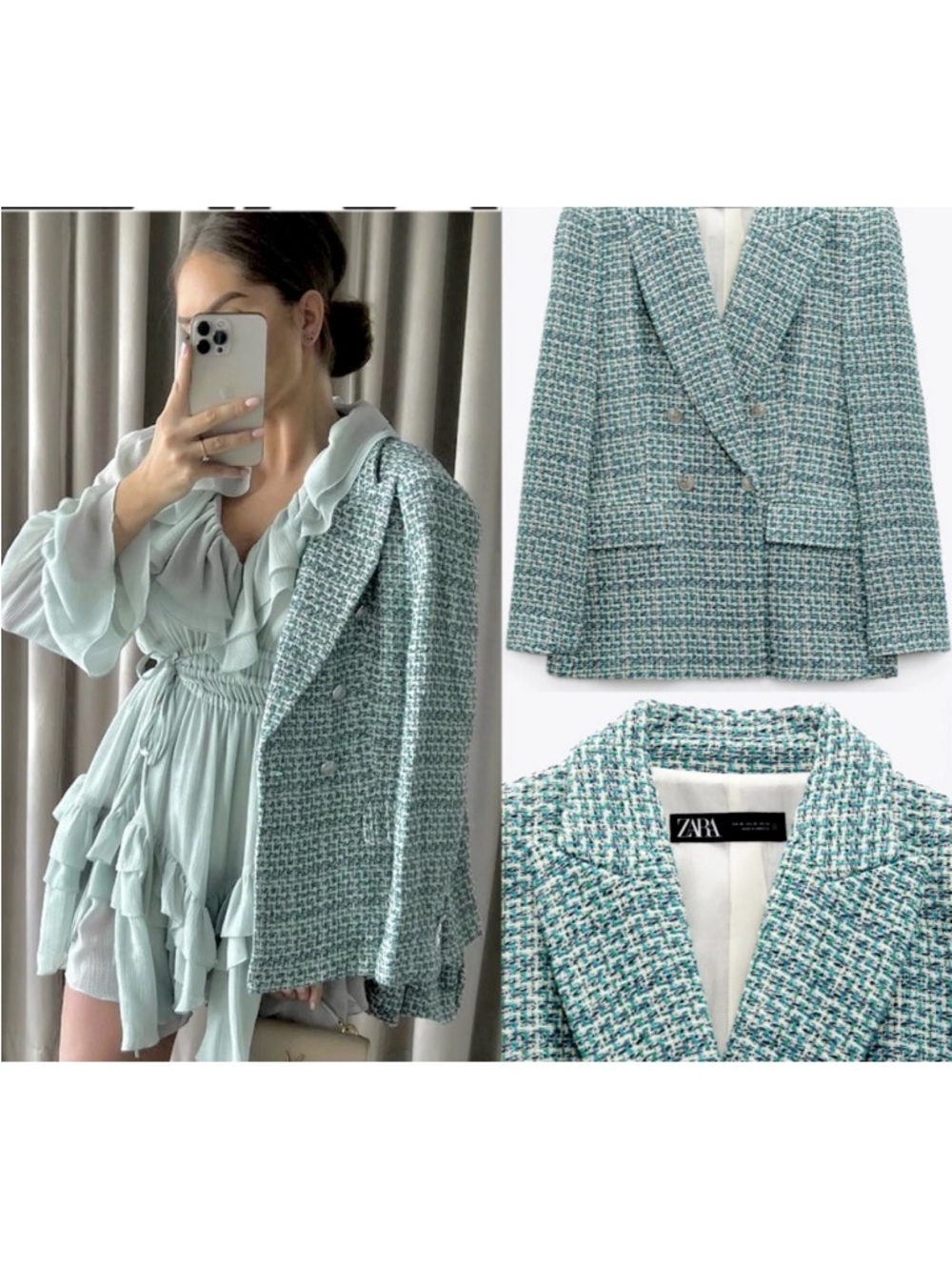 Zara Tweed Textured Double Breasted Blazer ! Size S Blue/Green - Picture 5 of 6